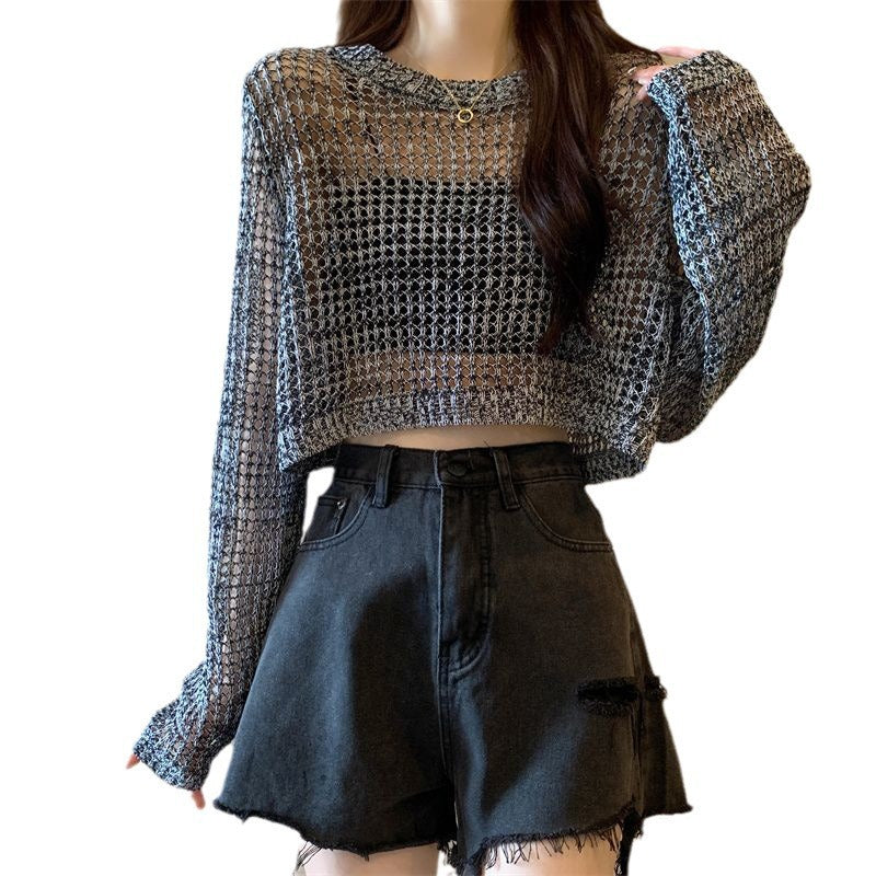 Kvinnens mesh genser med trendy crop design Skjora