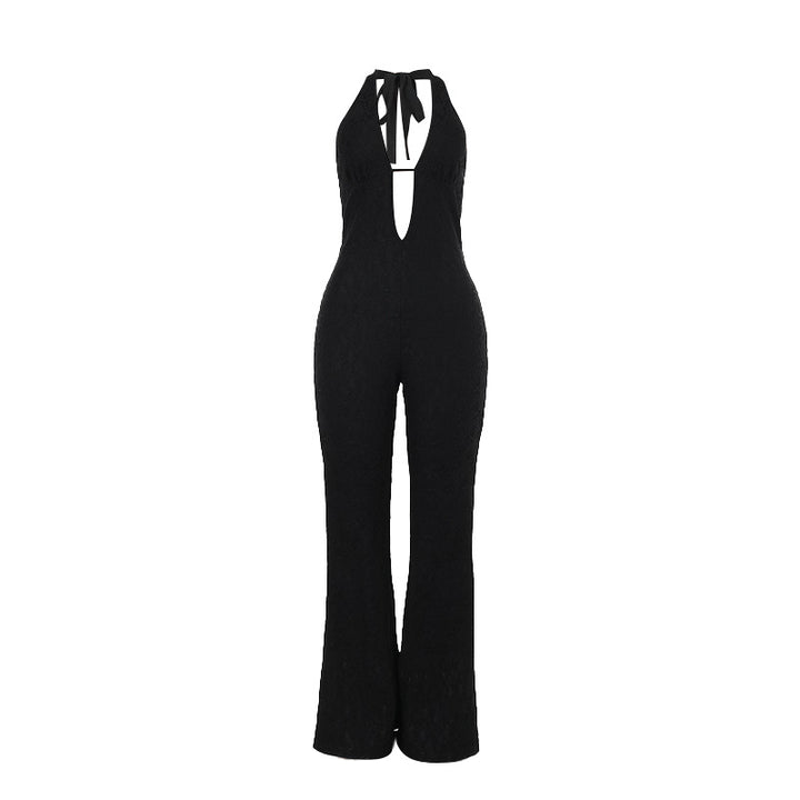 Damer elegant jumpsuit med dyp V-hals og utsvungne ben Skjora