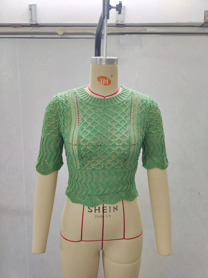 Dame Print Strikketopp med luftig nettstruktur og trendy crop-skjæring Skjora