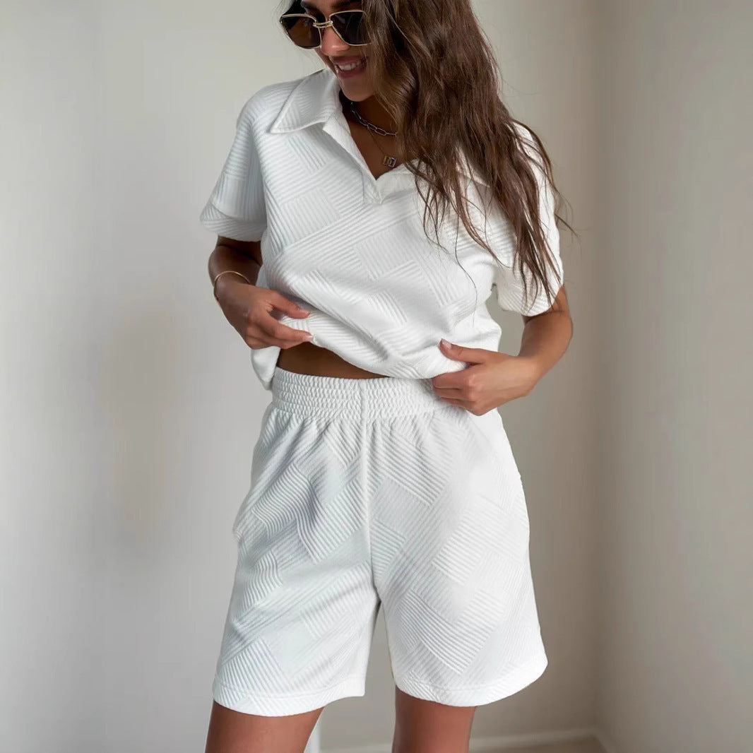 Dame uformell polo skjorte og shorts sett med teksturert materiale