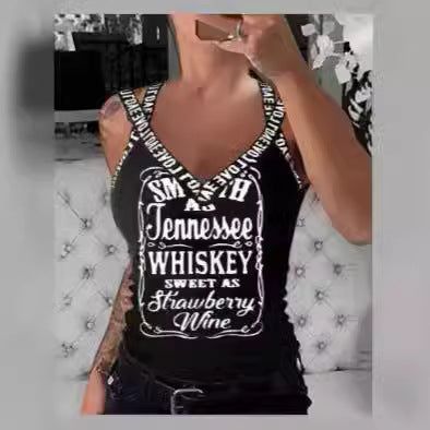 Dame tanktop med V-hals og iøynefallende trykk Skjora
