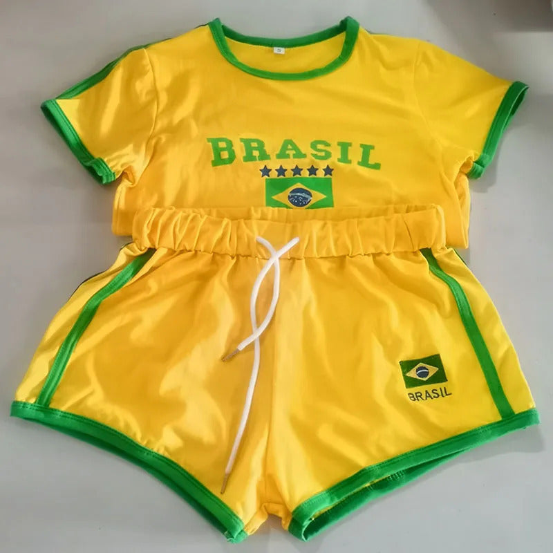 Women's casual short-sleeved shirt with creative Brazil motif and contrasting colored sleeves Skjora
