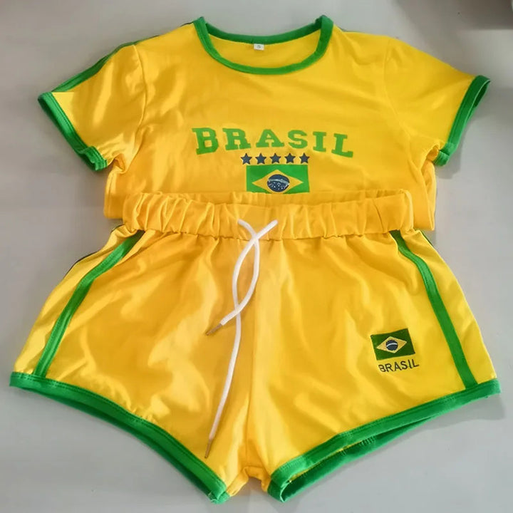 Women's casual short-sleeved shirt with creative Brazil motif and contrasting colored sleeves Skjora