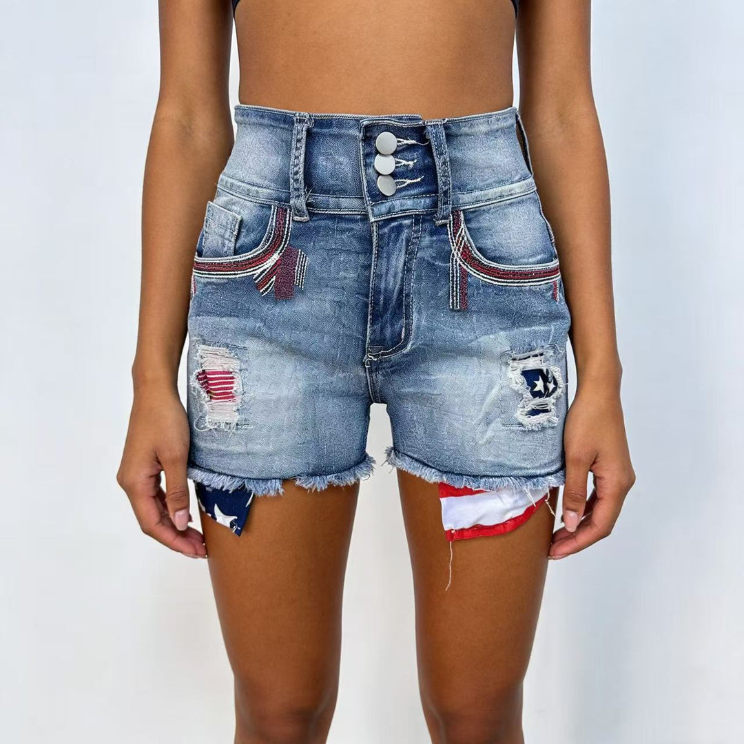 Dame Denim-shorts i vintage-stil med broderte detaljer Skjora