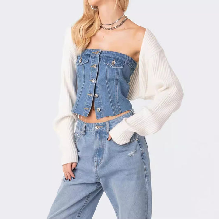 Dame Denim Crop Top med strikket overtrukket Skjora