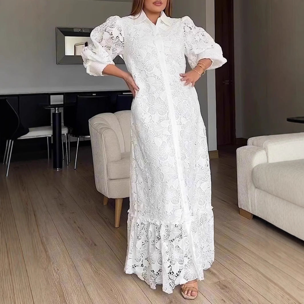 Kvinne Elegant Blonde Maxi Kjole med Voluminøse Ermer Skjora