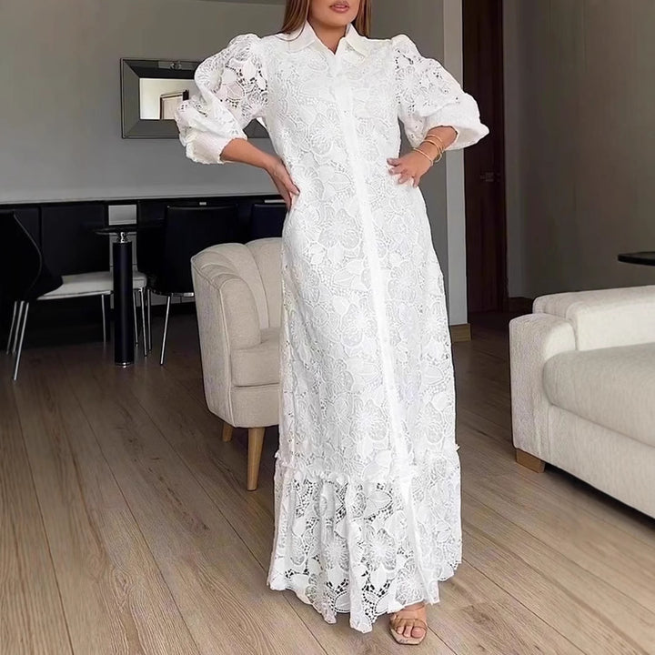 Kvinne Elegant Blonde Maxi Kjole med Voluminøse Ermer Skjora