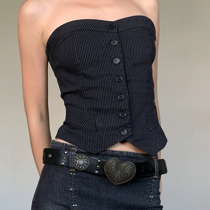 Damer utsvingt bustier-top med fine striper og knapper Skjora