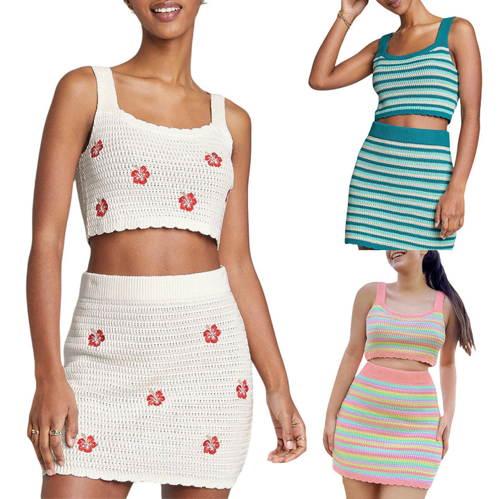 Dame heklet Crop-Top og miniskjørt-sett med florale accenter Skjora