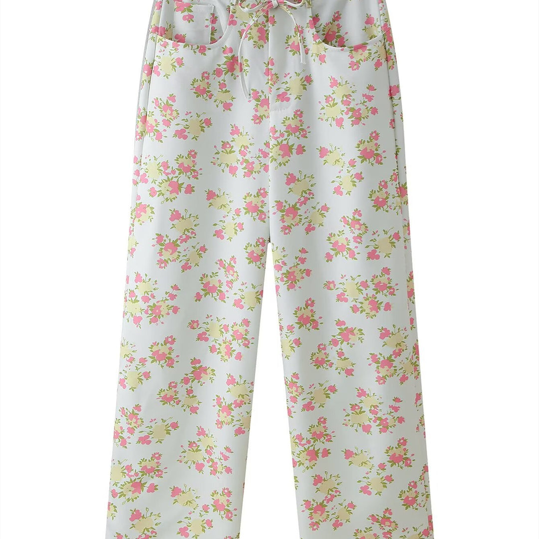 Dame blomster mønster crop-top og bukse sett Skjora