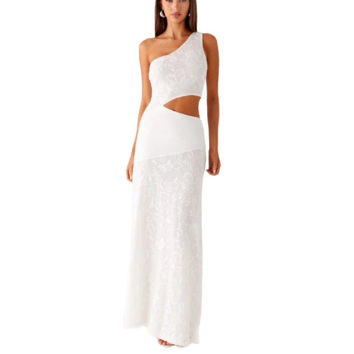 Damer Elegant Maxikjole med asymmetrisk snitt og blomstret spissdetalj Skjora