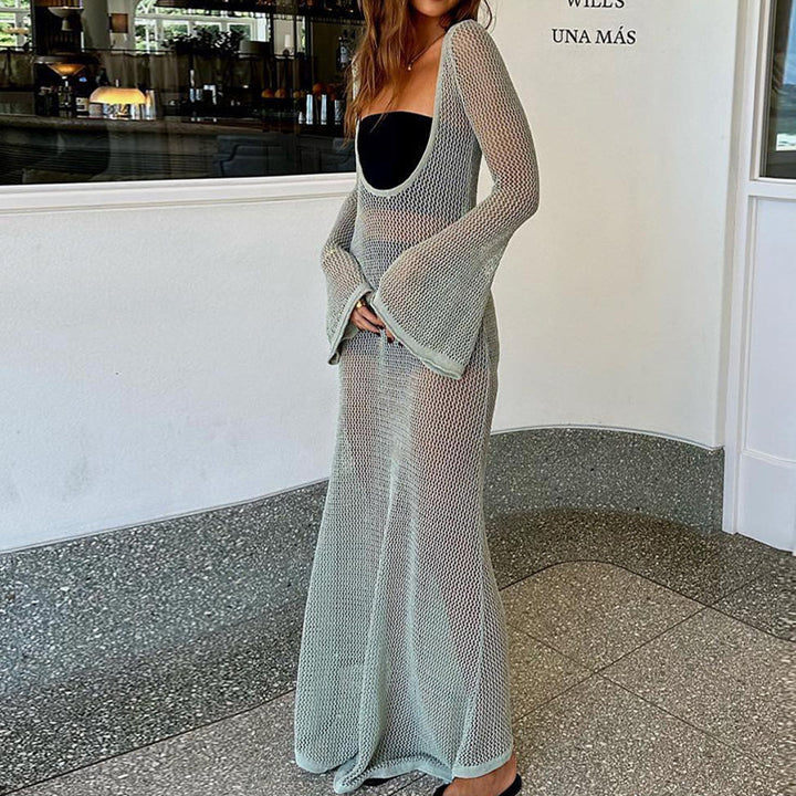 Damen Häkel-Strandmaxikleid mit weitem Schnitt und eleganten Glockenärmeln Skjora