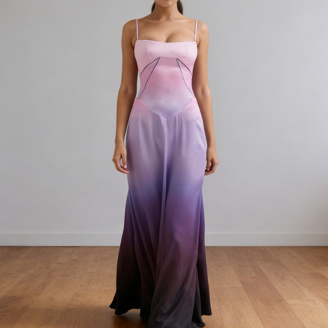 Women's elegant evening gown with floral print bodice and delicate spaghetti straps Skjora