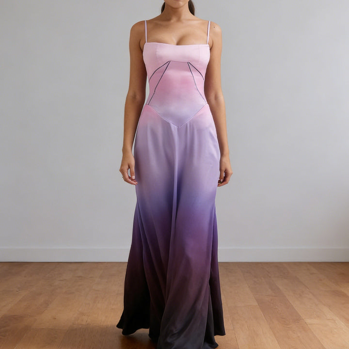 Women's elegant evening gown with floral print bodice and delicate spaghetti straps Skjora