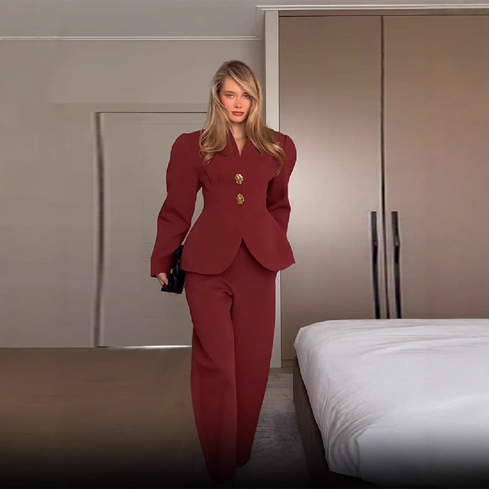Women's Elegant Blazer and Pants Set with Gold Buttons Skjora