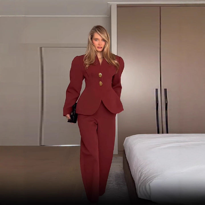 Women's Elegant Blazer and Pants Set with Gold Buttons Skjora