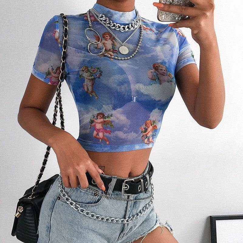 Damer Høyhalset Crop-Top med romantiske engelmotiver Skjora