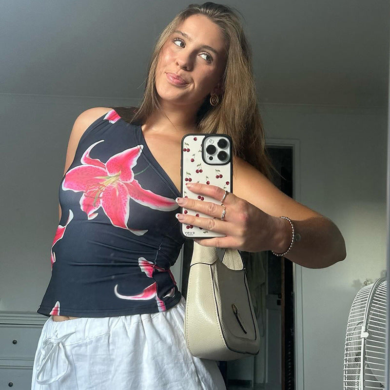 Dame asymmetrisk stroppet skjorte med blomstertrykkdesign Skjora
