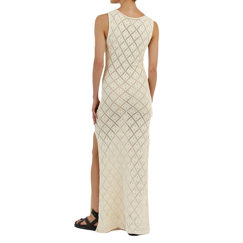 Damen Häkelkleid mit kreativem Rautenmuster und ärmellosem Schnitt Skjora