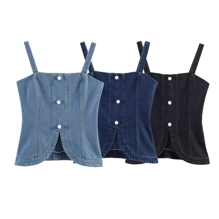 Dame Denim-Cami med innsnekret snitt og dekorative knapper Skjora