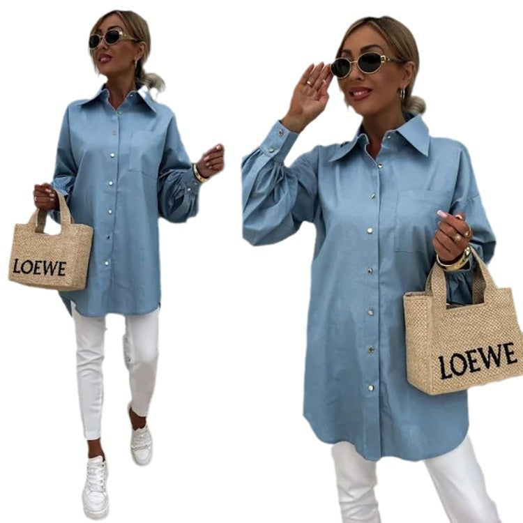 Kvinnes klassiske oversized blouse med knappedetaljer og brystlomme Skjora