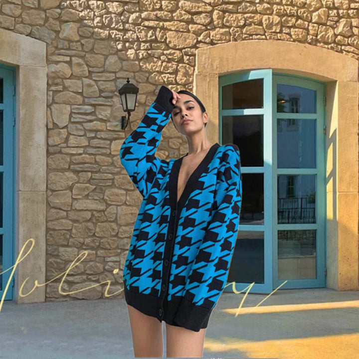 Dame Fashion Cardigan i Houndstooth mønster Skjora