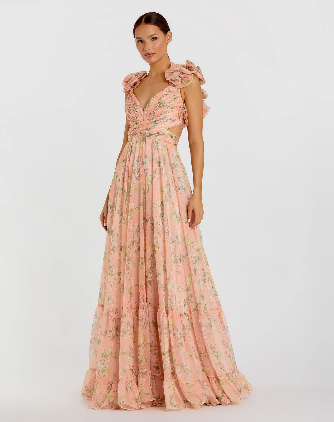 Women's maxi dress with floral ruffles and a flowing design