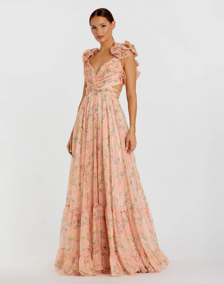 Women's maxi dress with floral ruffles and a flowing design