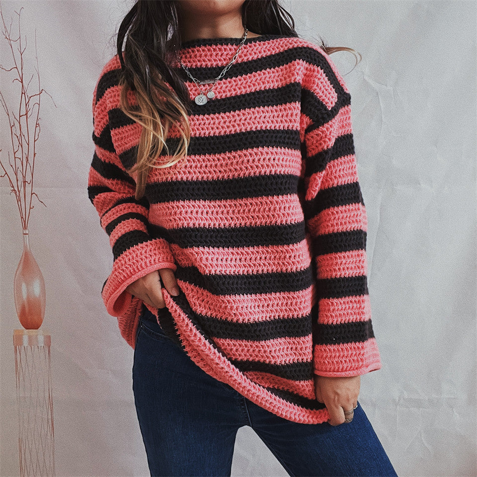 Kvinnenes strikkede oversized genser med bred stripemønster Skjora