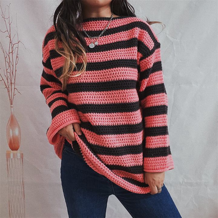 Kvinnenes strikkede oversized genser med bred stripemønster Skjora