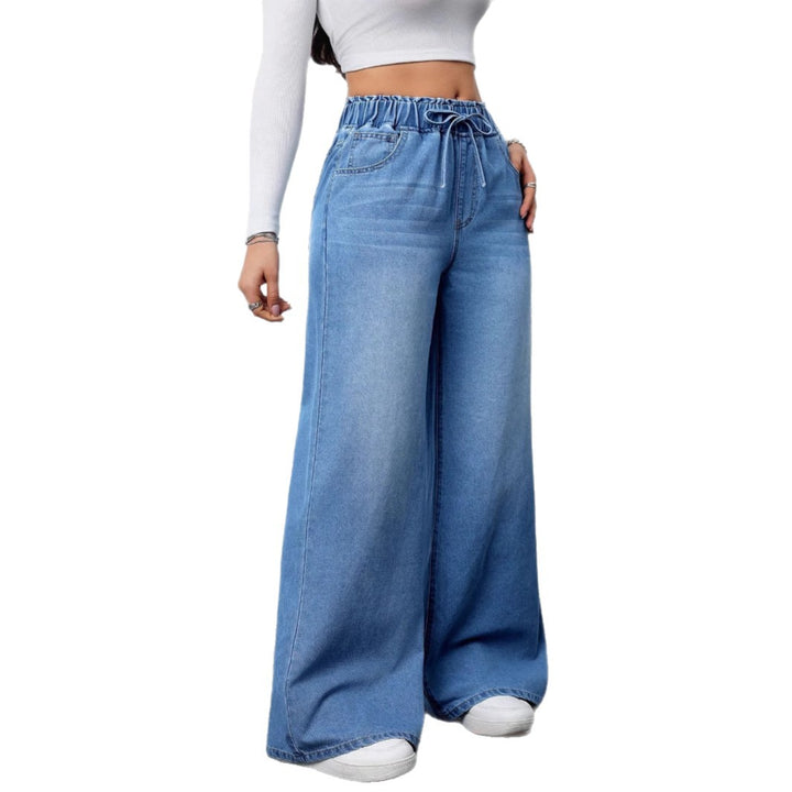 Kvinners vide denimbukser med elastisk midje og praktiske lommer