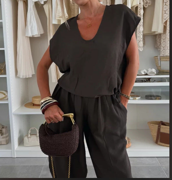 Dame Casual Jumpsuit med Elastisk Midjebånd og Lommer Skjora