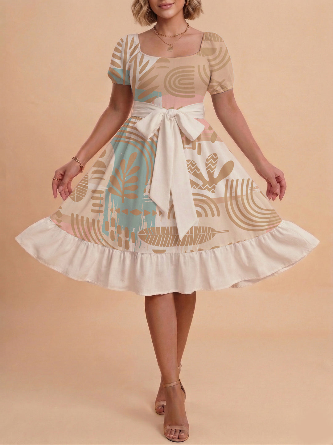 Damen Sommerliches Blumenkleid mit taillierbarem Gürtel und voluminösen Ärmeln Skjora