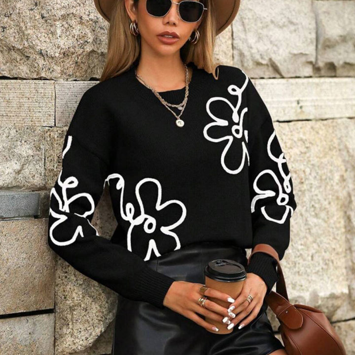 Kvinnes trendy genser med blomstrete applikasjoner Skjora