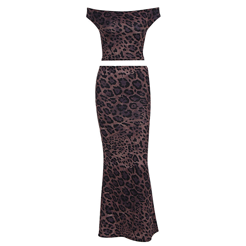 Dame Elegant Maxikjole med skulderfri design og leopardmønster Skjora