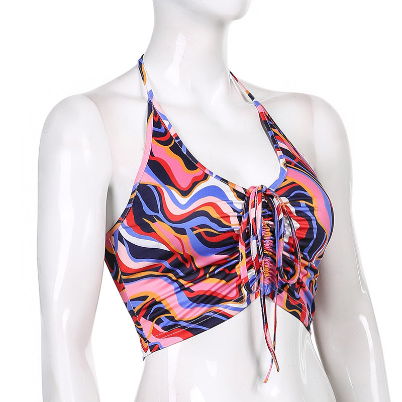 Dame Crop-Bikini-Oberteil mit Kordelzug und fargerikt design Skjora
