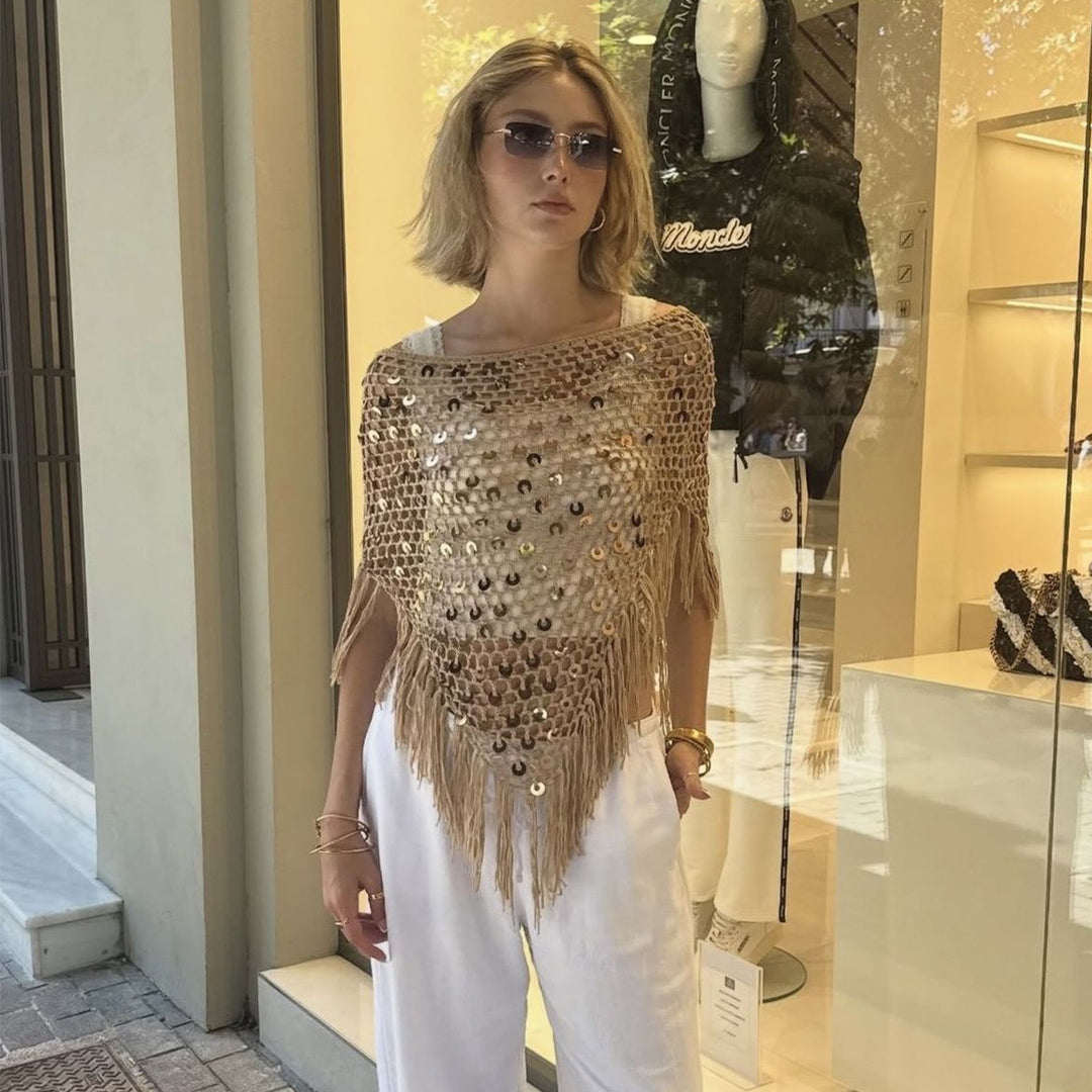 Damen dekorativer Spitzen-Poncho mit eleganten Pailletten und Fransen Skjora