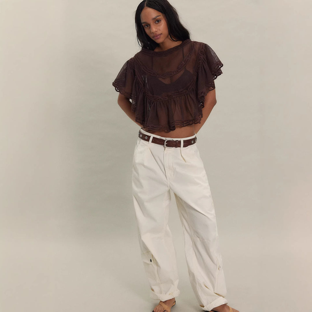Damen Elegante Häkelbluse mit voluminösen Rüschendetails und transparentem Stoff Skjora