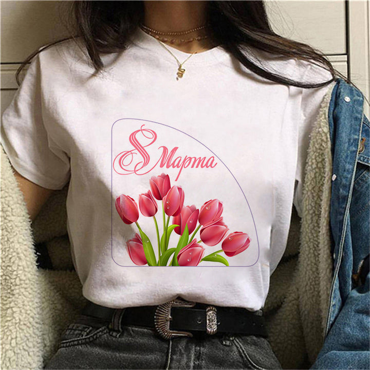 Dame T-skjorte med blomstertrykk og V-hals Skjora