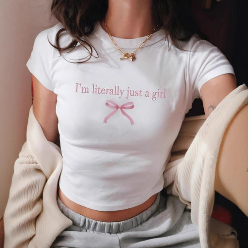 Dame Crop-T-Shirt med kreativ tekst og sløyfedetalj Skjora