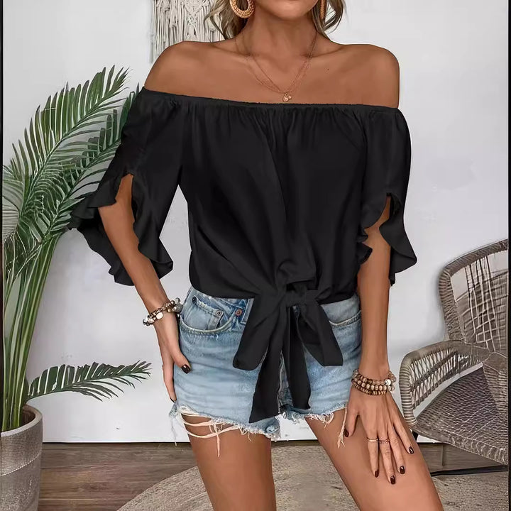 Dame Off-Shoulder-bluse med volangdetaljer og midjebinding Skjora