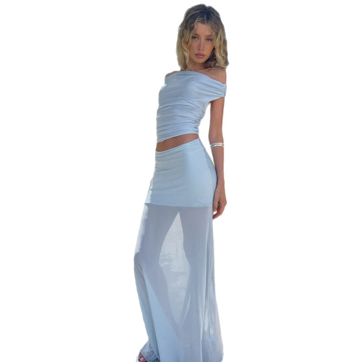 Dame Elegant Offshoulder Maxi-sett med gjennomsiktig skjørt og rynket overdel Skjora