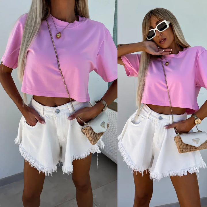 Kvinne Cropped T-Shirt i iøynefallende leopardmønster