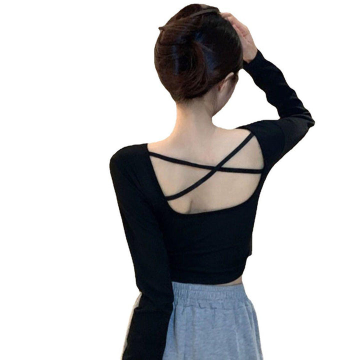 Kvinne langermet crop top med kryssrygg og elegant V-hals
