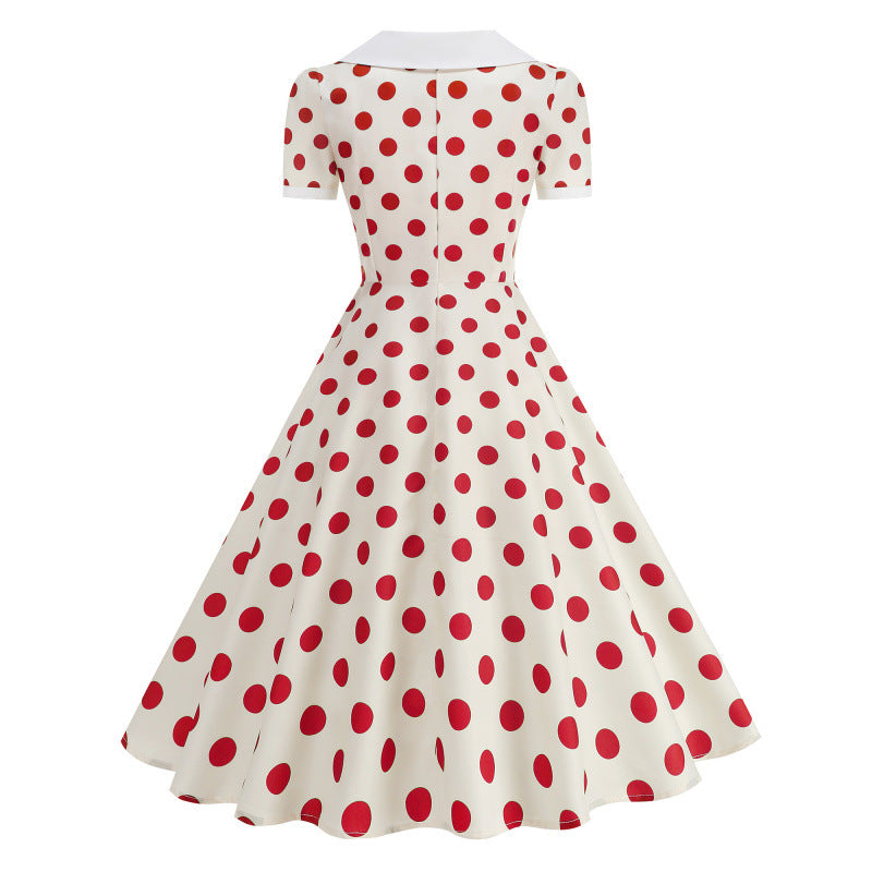 Dame Retro Maxikjole med Krage og Dots Skjora