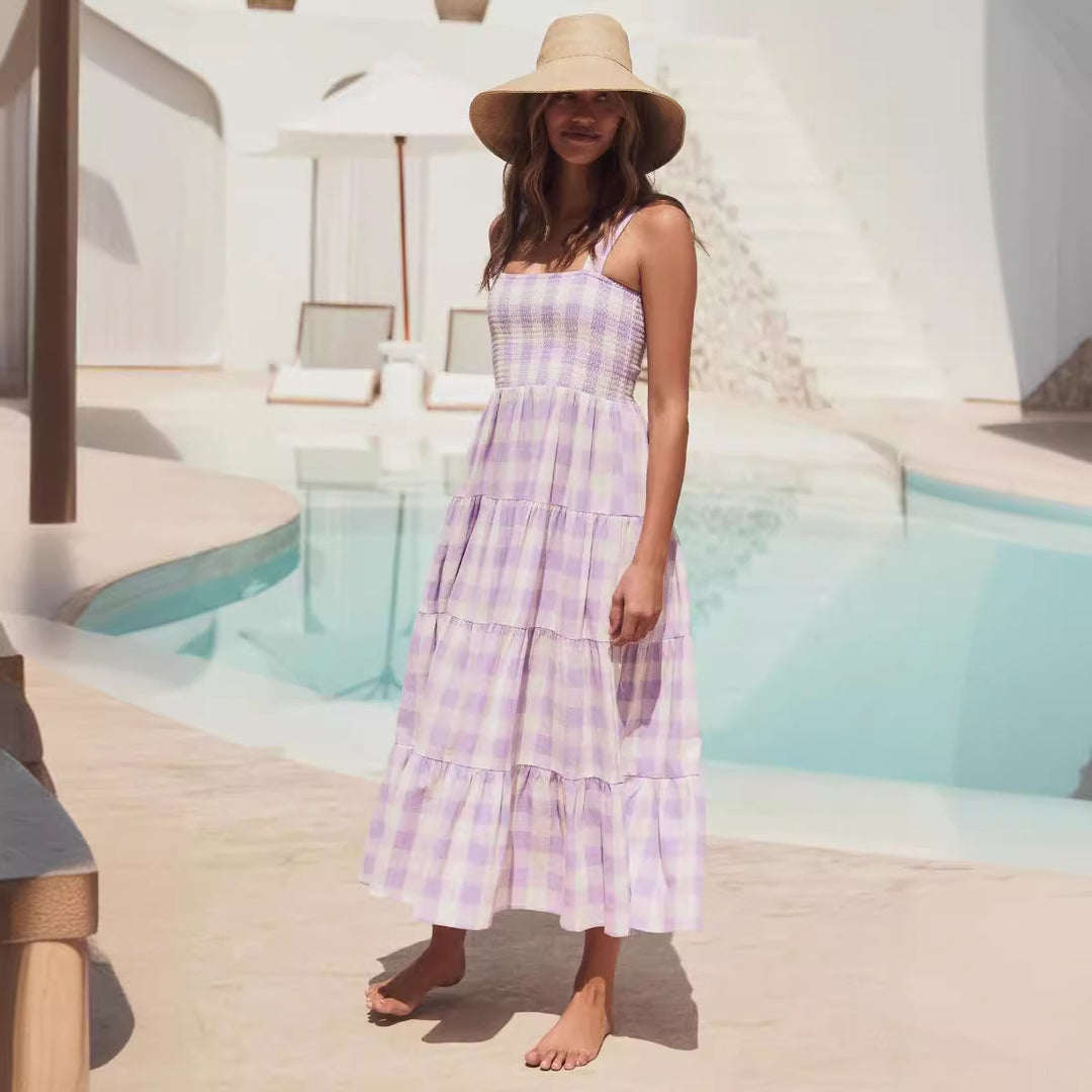 Damer Sommer Maxi Kjole med Rute Design og Stropper Skjora