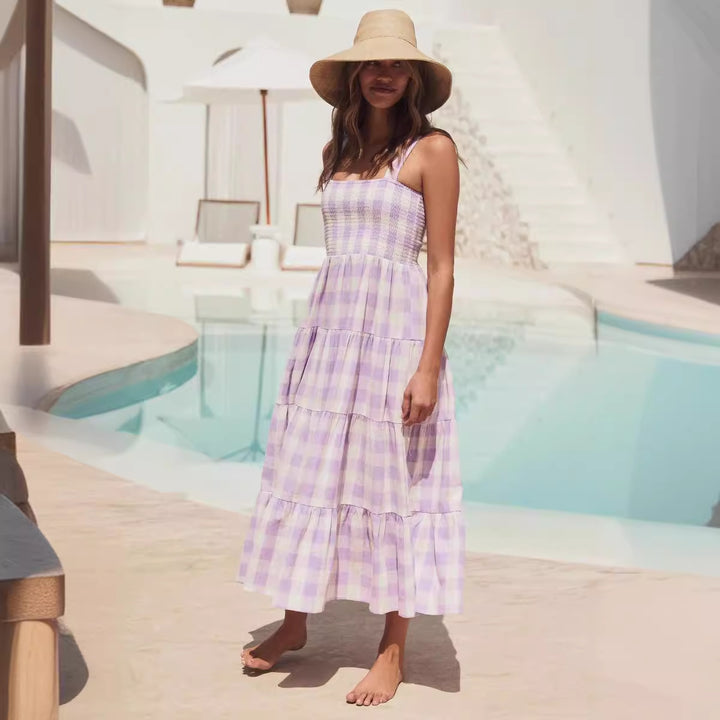 Damer Sommer Maxi Kjole med Rute Design og Stropper Skjora