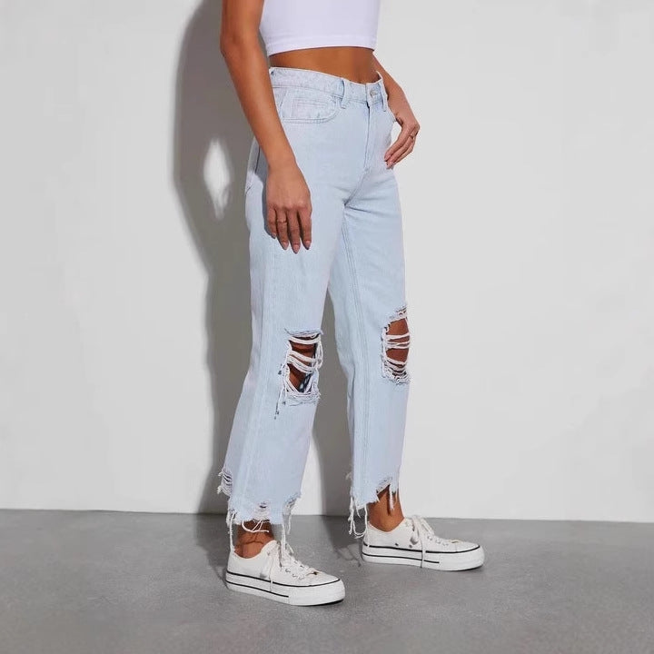 Dame casual boyfriend jeans med iøynefallende ødelagte detaljer og bred ben Skjora