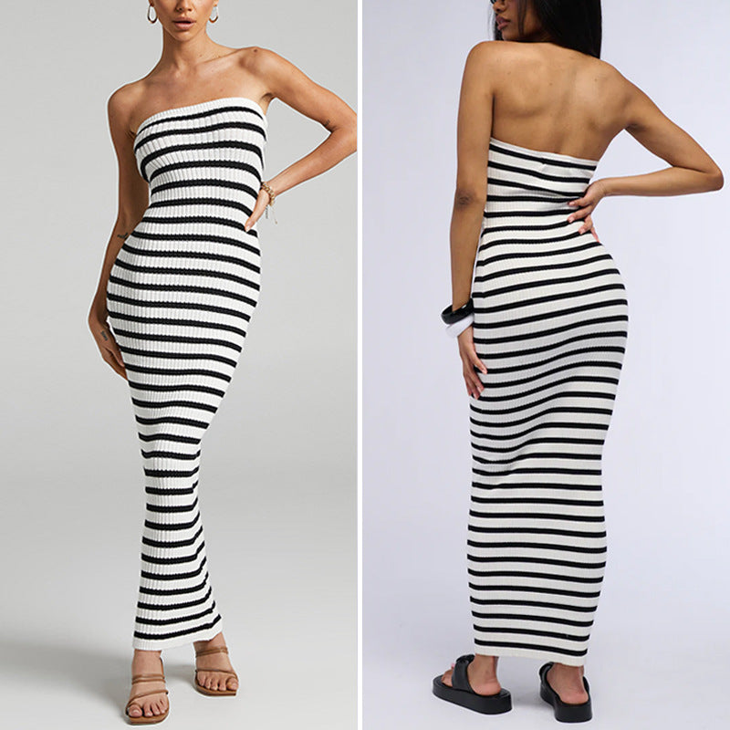 Damen Maxikleid mit Rippstrick und schulterfreiem Design Skjora