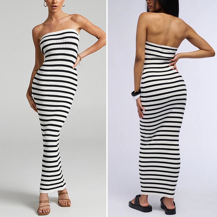Damen Maxikleid mit Rippstrick und schulterfreiem Design Skjora
